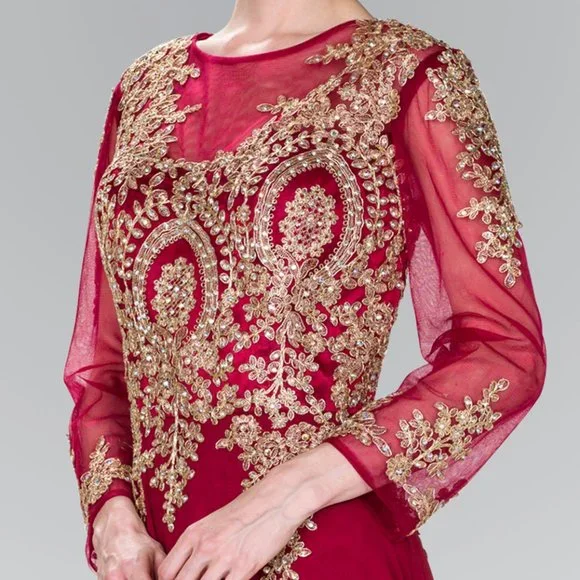 NEW LONG CHIFFON TRUMPET EMBROIDERED DRESS WITH 3\4 SLEEVES & ZIPPER BACK GL1368